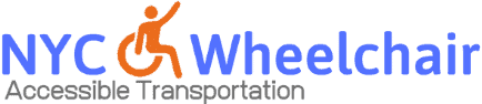 NYC Wheelchair Transportation logo featuring a stylized wheelchair symbol and text emphasizing accessible transportation services in New York City.
