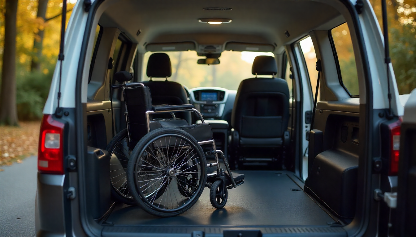 Wheelchair-accessible vehicle interior showing advanced securement systems, safety restraints, emergency equipment, and driver safety technology.