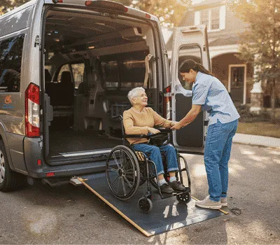 handicapped transpsortation nyc wheelchair transportation handicap transportation used by a senior who is being helped by nyc wheelchair transportation driver